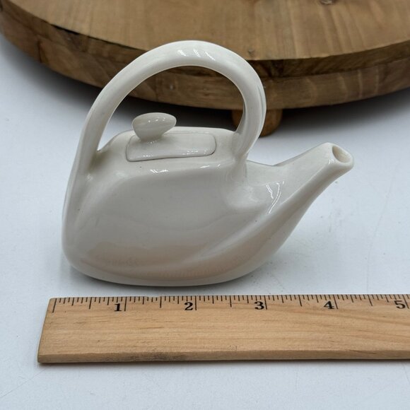 Miniature White Ceramic Teapot With Removable Lid Unique Handle Design Collectib - Picture 8 of 9